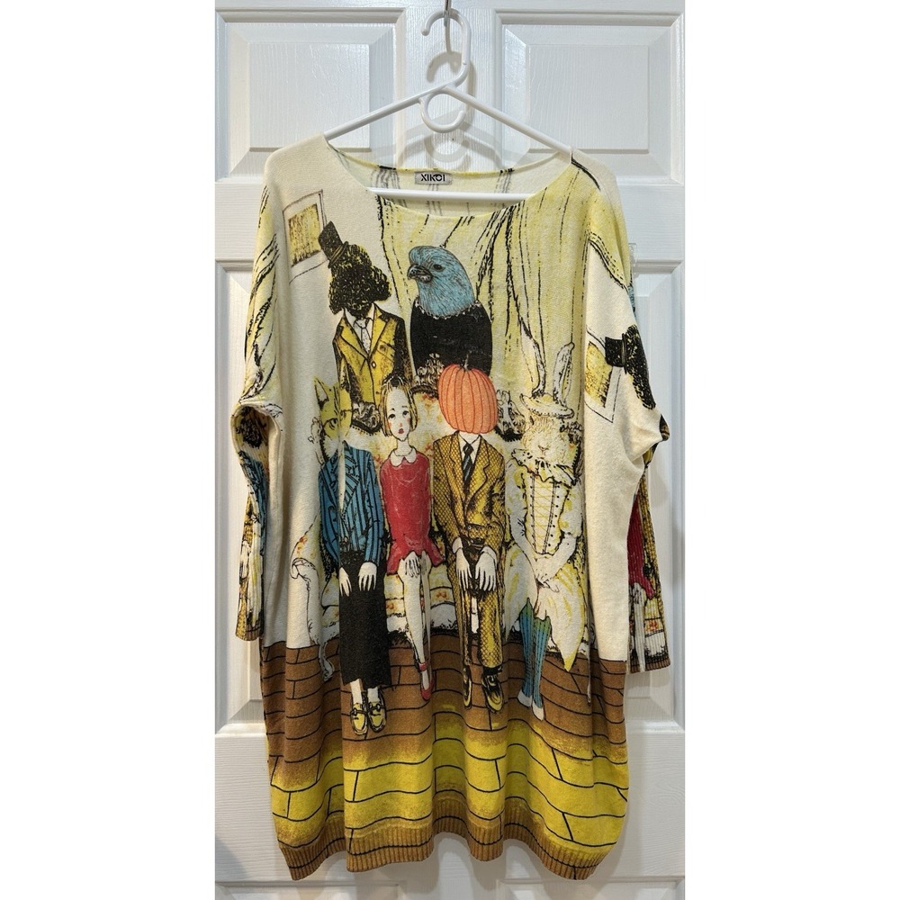 Women's Oversized Theatrical Tunic Sweater Sz XL Cat Face Pumpkin Head Rabbit
